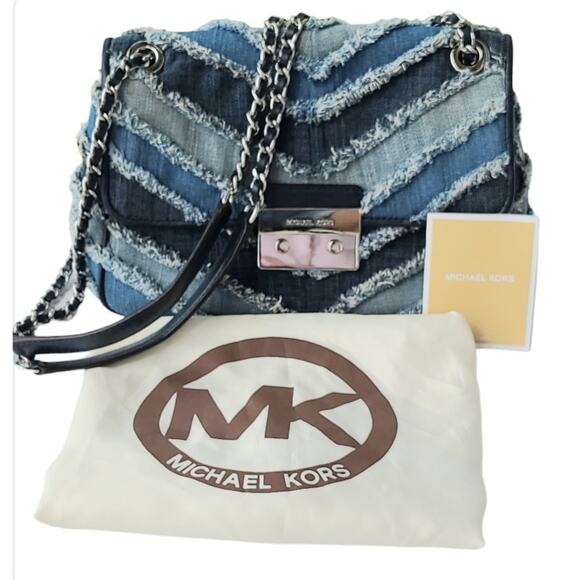 Michael Kors Sloan Denim Crossbody Shoulder Bag Blue Chevron Fringe Patchwork - Picture 1 of 16